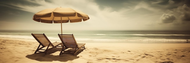 A beach chair and an umbrella on a beach.