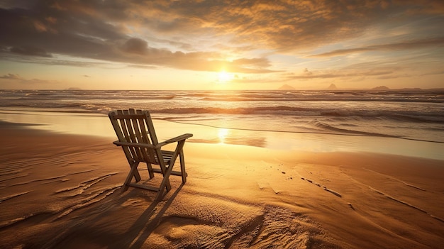 Beach chair and umbrella on beautiful beach Sunset over ocean Travel paradise concept Generative AI