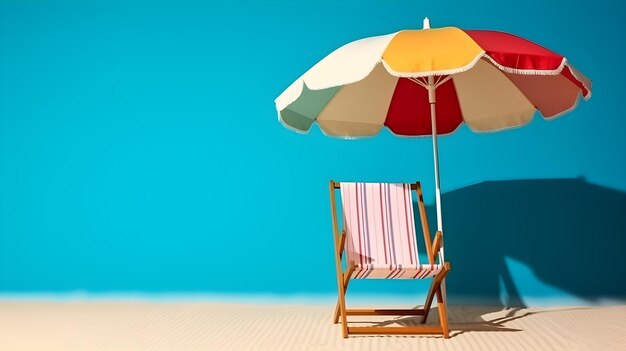 Beach chair and umbrella on blue background