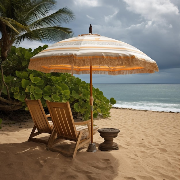 a beach chair and umbrella on a cloudy day.