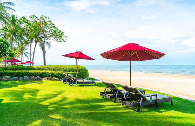 beach chair and umbrella with sea beach views