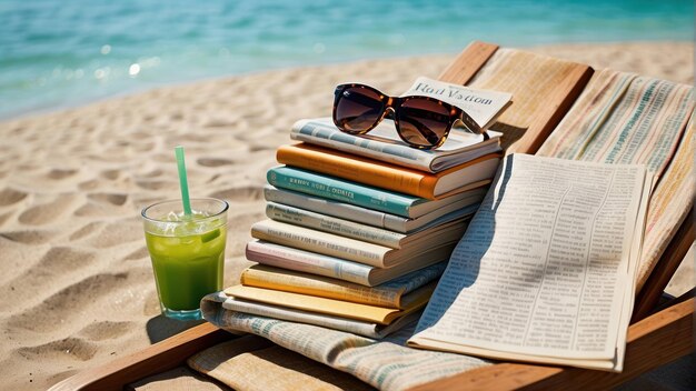 Пляжный стул с книгами и летней шляпой