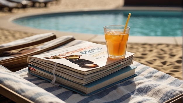 Foto sedia da spiaggia con libri e cappello estivo