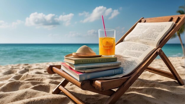 Foto sedia da spiaggia con libri e cappello estivo