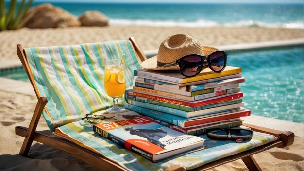 Beach chair with books and summer hat