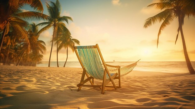 A beach chair with a palm tree in the background