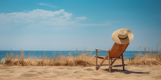 A beach chair with a straw hat on top of it