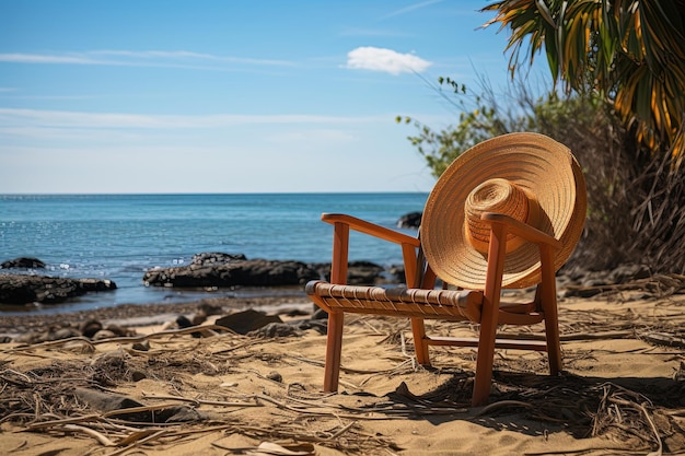 Photo a beach chair with a straw hat on top of it