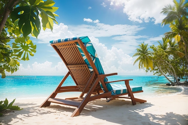 열대 몰디브 섬 해변과 바다와 함께 해변 의자