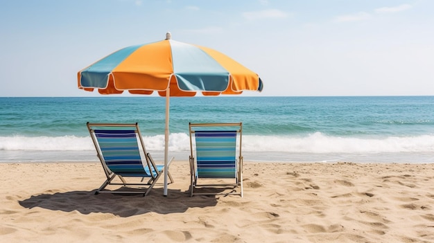 Beach chair with umbrella on a beautiful white sand set against a stunning blue sky and ocean vacation freedom concept generative ai