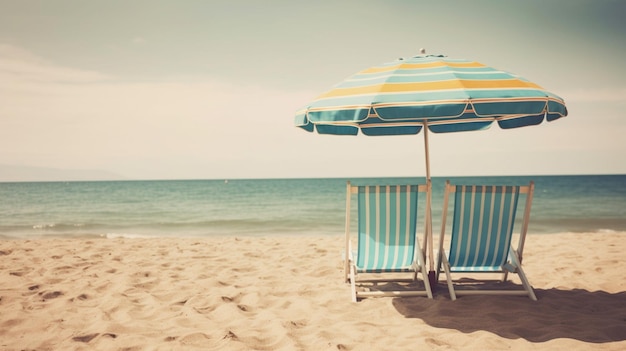 Beach chair with umbrella on a beautiful white sand set against a stunning blue sky and ocean vacation freedom concept generative ai