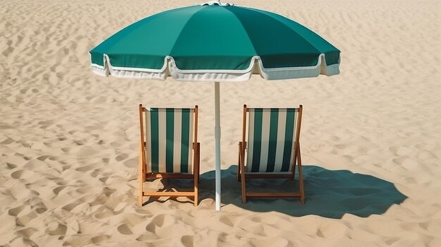 Beach chair with umbrella on a beautiful white sand set against a stunning blue sky and ocean vacation freedom concept generative ai