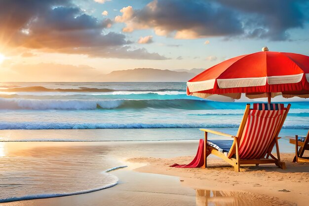 A beach chair with an umbrella on it and the sun setting behind it.