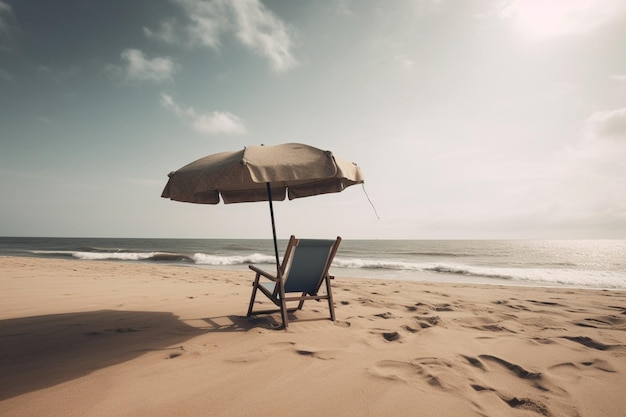 A beach chair with an umbrella on it and the sun shining on it.