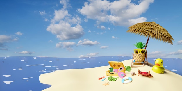 우산과 함께 해변 의자, 나무, 바위, 파인, 사과, 선글라스, 슈트 케이스, 푸른 하늘을 배경으로 고립 된 여름 여행 개념, 3D 일러스트레이션 또는 3D 렌더링