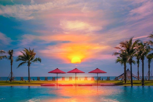 Photo beach chair with white sand and sky at sunrise