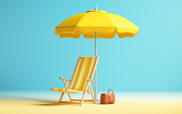 Beach chair yellow umbrella and ball summer holiday time to travel concept