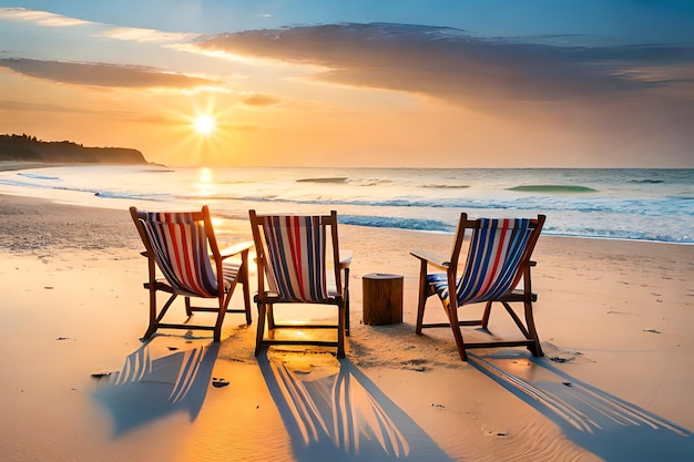 Beach chairs on a beach with a sunset in the background