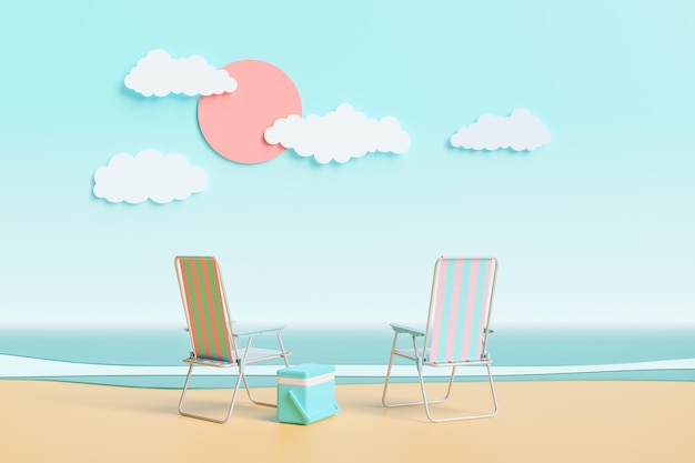 Beach chairs on a cartoon beach landscape