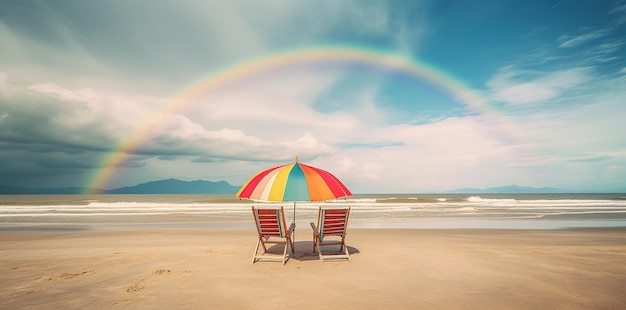 Beach chairs and umbrella against rainbow over ocean in seascape