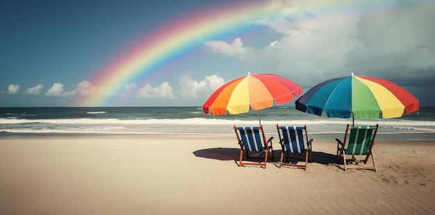 Шезлонги и зонтик против радуги над океаном в морском пейзаже