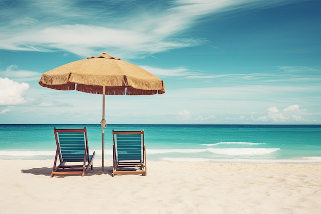 Beach chairs and umbrella on beautiful tropical beach vintage filter effect Chairs And Umbrella In Tropical Beach Seascape Banner AI Generated