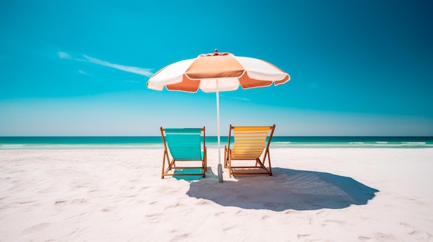 Beach chairs and an umbrella on a white sand beach generative ai illustrator