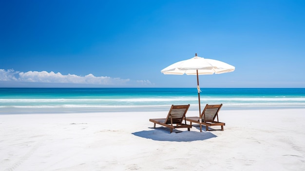 Beach chairs and umbrella on the white sand beach with blue sky Generative AI