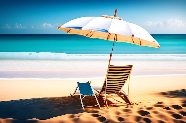 Beach chairs and an umbrella on a white sand beach