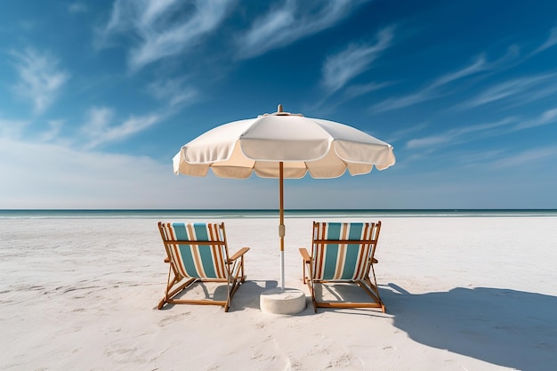 Photo beach chairs and umbrella on a white sandy beach generative ai