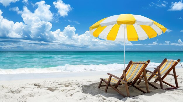 Beach chairs and a vibrant yellow and white umbrella adorn the sandy beach