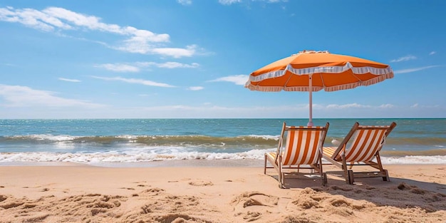 Beach chairs with an umbrella on the beach Sea and blue sky Generative AI