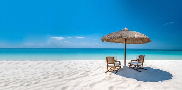 Beach chairs with umbrella and beautiful sand beach tropical beach with white sand and turquoise