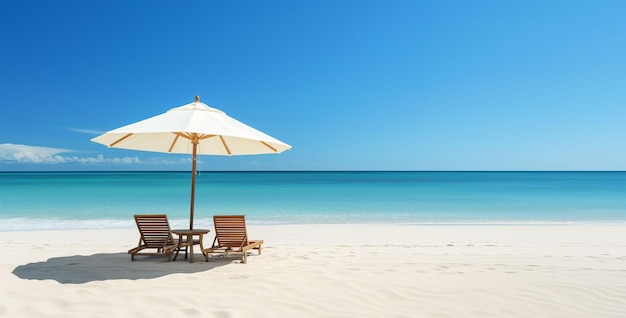 Beach chairs with umbrella and beautiful tropical sandy beach