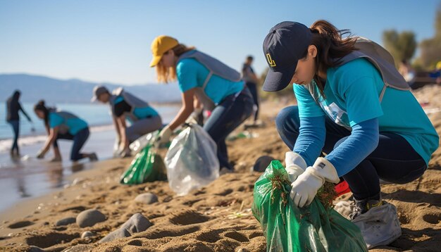 A beach cleanup event with volunteers of all ages collecting trash world environmental education