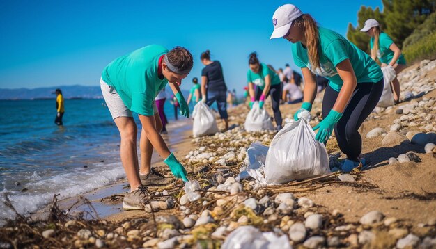 A beach cleanup event with volunteers of all ages collecting trash world environmental education