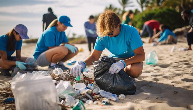 A beach cleanup event with volunteers of all ages collecting trash world environmental education