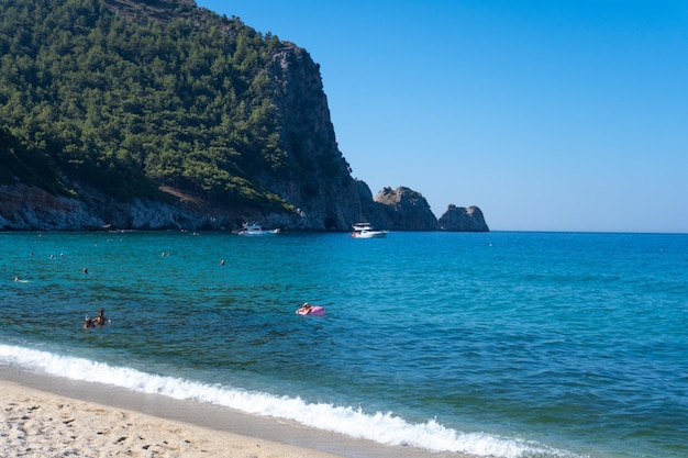 Beach of Cleopatra with sea and rocks of Alanya peninsula Antalya Turkey