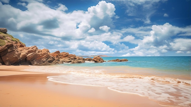 Пляж облачное небо спокойное море большие скалы оранжевый песок чистая вода