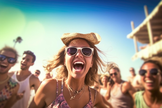 暖かい太陽の下、人々が踊り、音楽を楽しむビーチクラブパーティー Generative AI