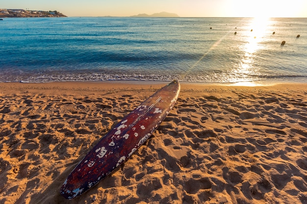 Foto costa della spiaggia con galleggiante nel mar rosso durante l'alba