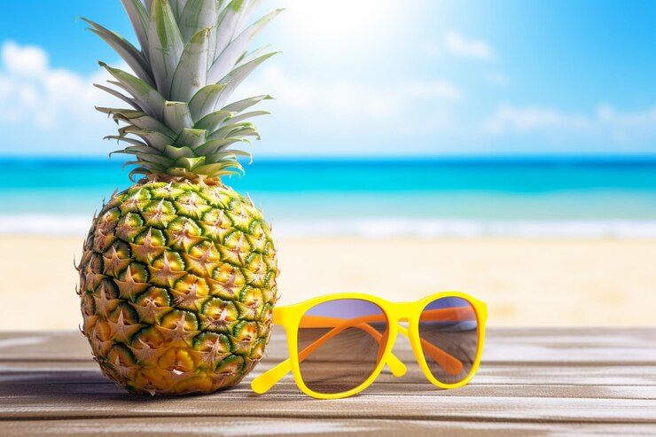 Photo beach cocktail in a pineapple with a beach ball nearby