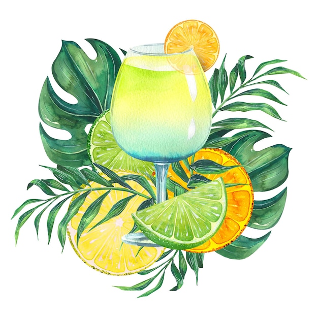 Cocktail sulla spiaggia con fette di agrumi e foglie di palma illustrazione ad acquerello composizione per la decorazione e il design dei menu spiagge bar estivi cartoline poster adesivi caffè