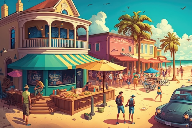 Beach community with vibrant mix of people food and culture created with generative ai