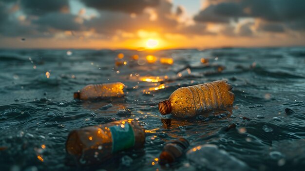 A beach completely polluted by plastic waste washed up by the sea on the sunset background