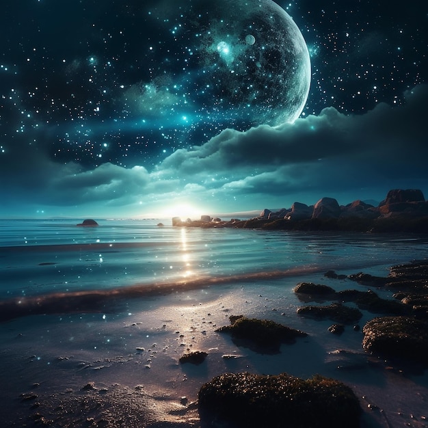 A beach covered in lost of light blue rock under a night sky