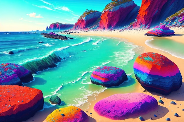 A beach covered in lots of color rocks