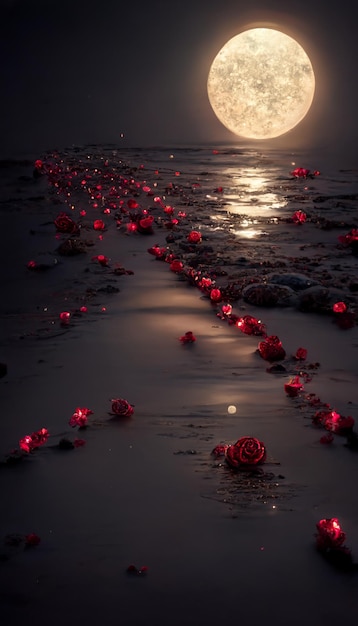 Spiaggia ricoperta di tante rose rosse sotto una luna piena generativa ai