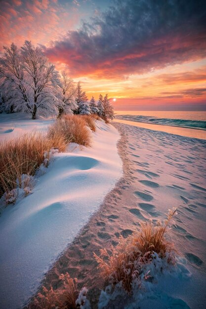 A Beach Covered in Snow Next to the Ocean