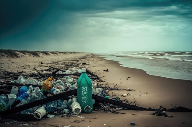 Beach covered in trash with plastic bottles and other harmful waste visible